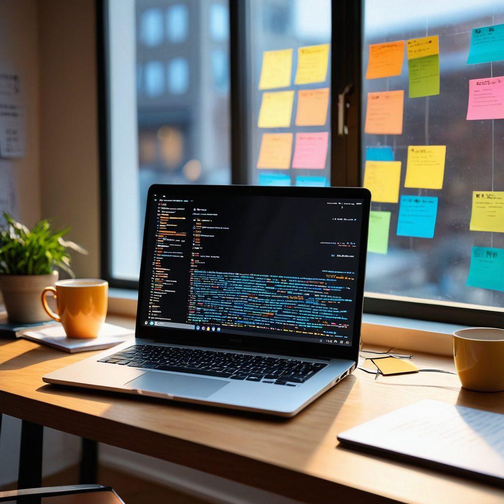 A sleek workspace featuring a modern laptop displaying code on the screen, surrounded by colorful post-it notes with coding tips, a coffee mug, and a stack of tech tutorials. In the background, a large window lets in natural light, casting a warm glow on the setup, symbolizing productivity and inspiration. The overall ambiance should feel motivating and professional. vibrant colors. 3D.