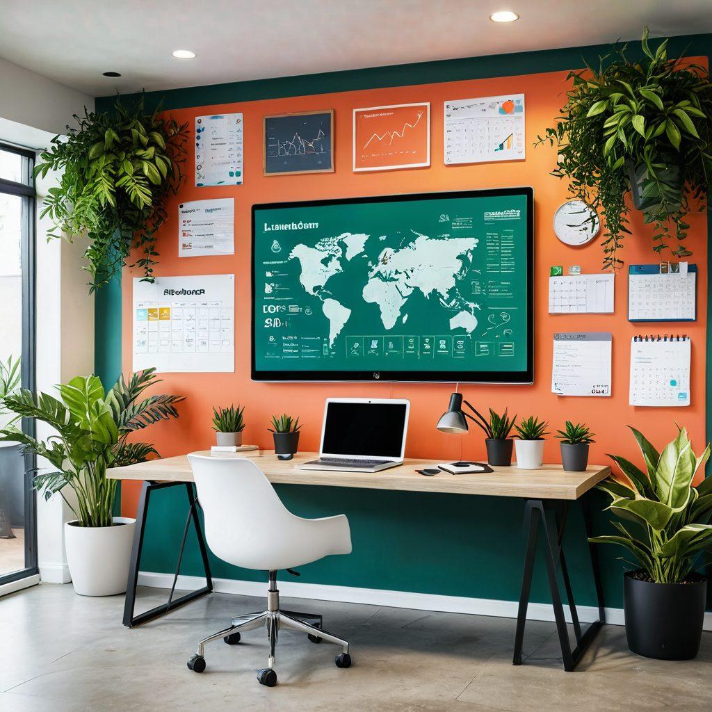 A dynamic workspace featuring a large digital screen displaying colorful icons of various application launchers and startup managers, surrounded by stylish productivity tools like a sleek keyboard and a modern planner. In the background, an inspiring view of a stylish office setting with plants and motivational quotes. The overall scene should convey a sense of organization and efficiency. super-realistic. vibrant colors. modern design.