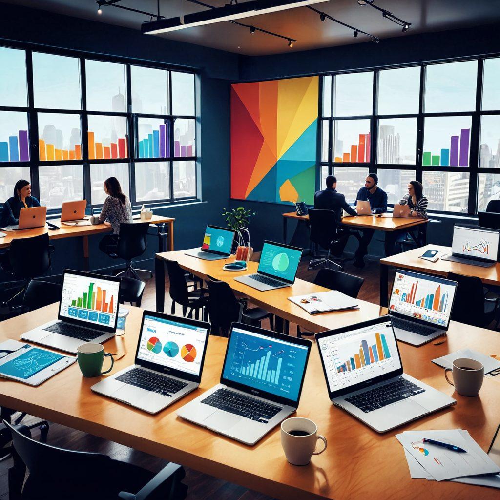 An inspiring workspace filled with startup managers in action, collaborating over a large table with laptops and coffee cups, vibrant charts and graphs displayed on the walls illustrating growth and productivity. The atmosphere is dynamic and energizing, symbolizing innovation and teamwork. Soft natural light streaming through large windows. vector art. vibrant colors.